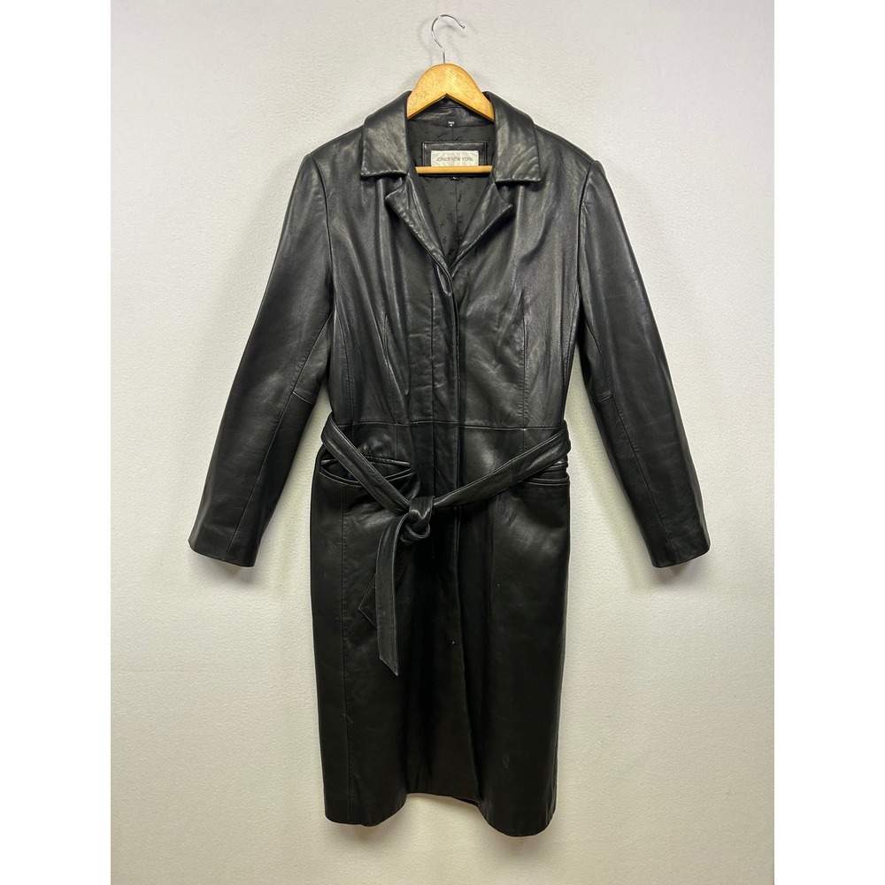 Jones New York Matrix Gothic Minimalist Women Large Black Leather Trench Coat